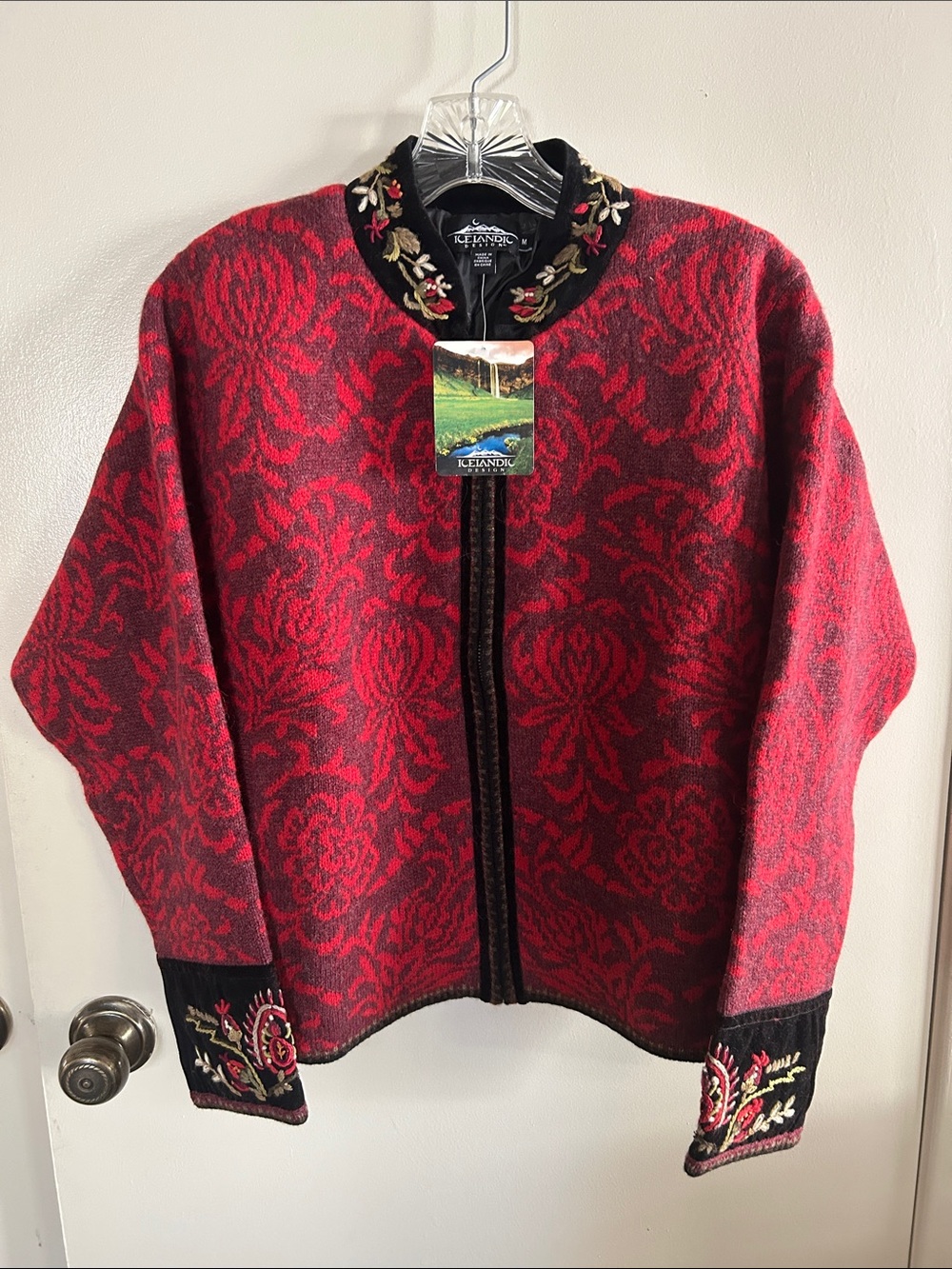 Red Floral Embroidered Zip-Front Cardigan Sweater